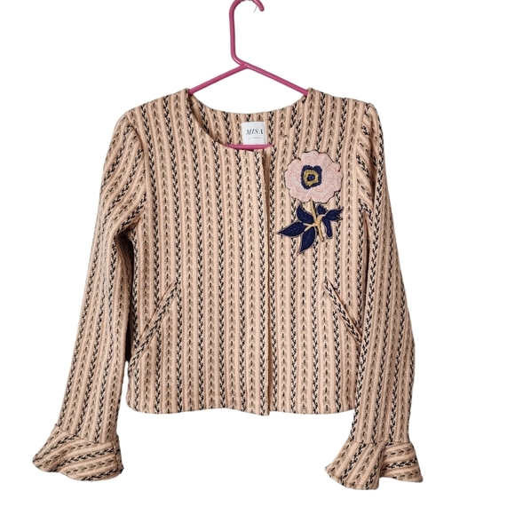 MISA NOEMIE Tweed Floral Embroidered metallic full zip jacket bell sleeve XS - Picture 2 of 11